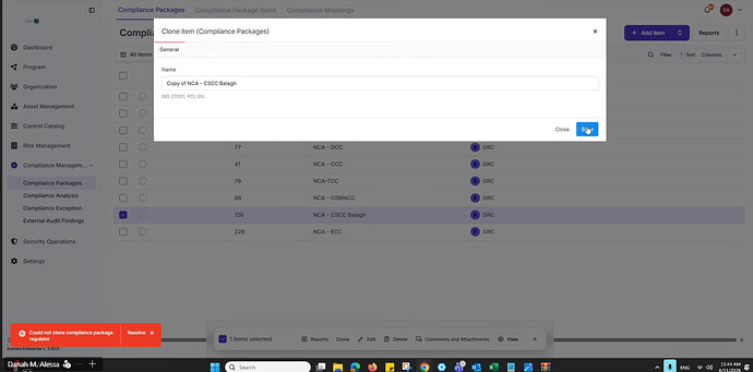 Clone Compliance Package Issue